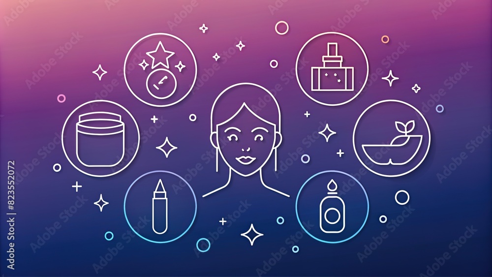 Minimalistic line icons representing skincare routine including cleansing, exfoliating, and toning products. Ideal for beauty bloggers and skincare brands