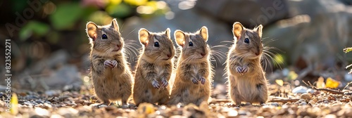 sundappled expanse of bustling rodent habitat group of Degus scamper play their sleek body intertwining joyful dance of companionship. their nimble paw whisker twitching excitement they explore every  photo