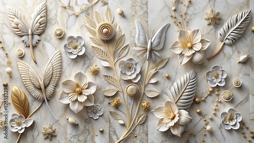 Modern and chic wall decor with a stylish marble backdrop and intricate designs of feathers, flowers, and butterflies, ideal for adding a touch of luxury to any space 