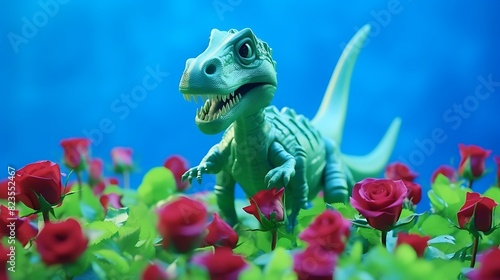 A blue plastic toy dinosaur burns roses,On bright green background, Minimal funny concept,Creative copy space © Sunny