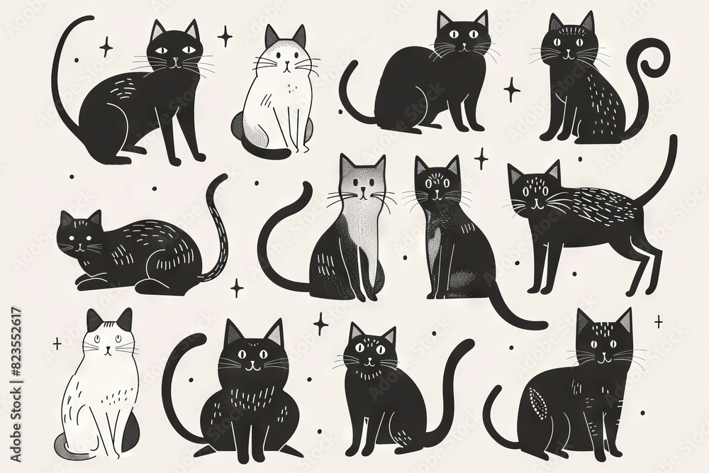 Cute Cats Set, Pet Animal Symbols, Hand Drawn Cat Icons Silhouettes, Funny Kitten Character Drawings Cute Cats Set, Pet Animal Symbols, Hand Drawn Cat Icons Silhouettes, Funny Kitten Character Drawings