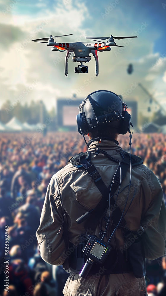 drone surveillance at a festival, security concept, created with generative AI technology drone surveillance at a festival, security concept, created with generative AI technology