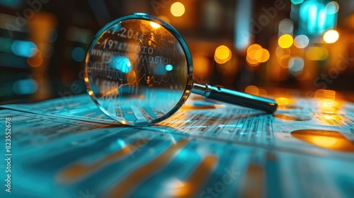Wallpaper Mural A magnifying glass on financial documents with stock market data, reflecting a busy urban night scene. Torontodigital.ca