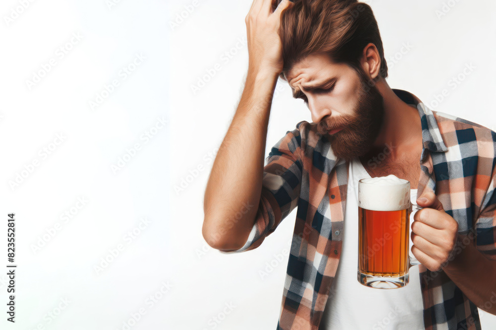 Drunk man holding a glass of beer Isolated on white background copy space Drunk man holding a glass of beer Isolated on white background copy space
