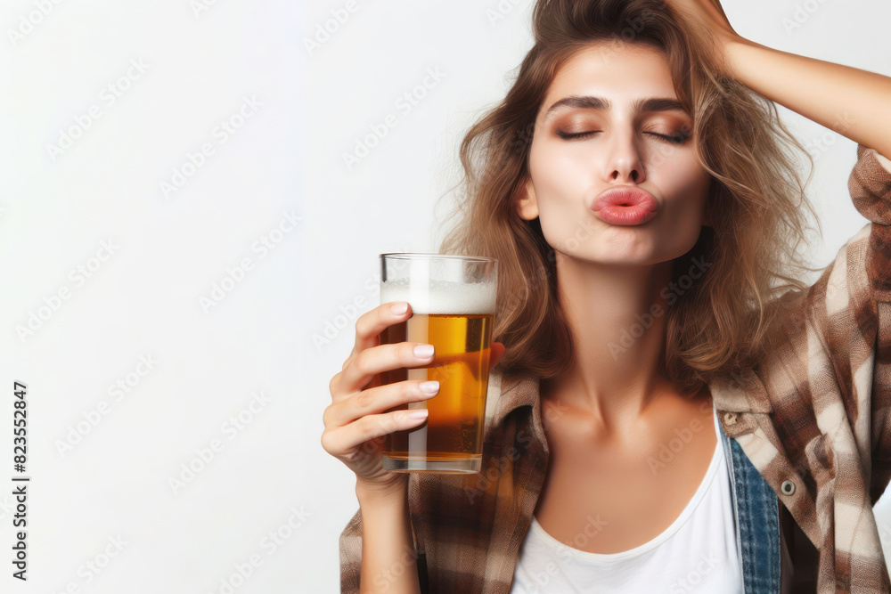 Drunk woman holding a glass of beer Isolated on white background copy space Drunk woman holding a glass of beer Isolated on white background copy space