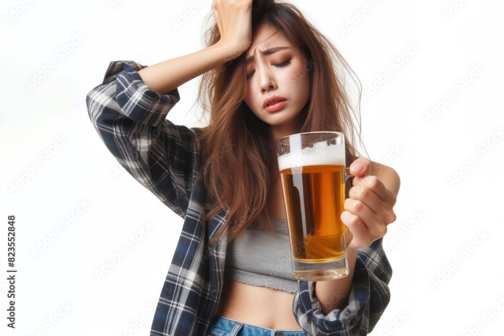 Drunk woman holding a glass of beer Isolated on white background copy space Drunk woman holding a glass of beer Isolated on white background copy space