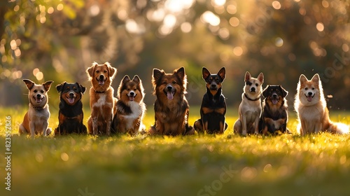 A group of dogs sitting on the grass in an outdoor park, smiling and looking at the camera. including Shiba Inu, German Shepherd, Golden Retriever, French Bulldog
 photo