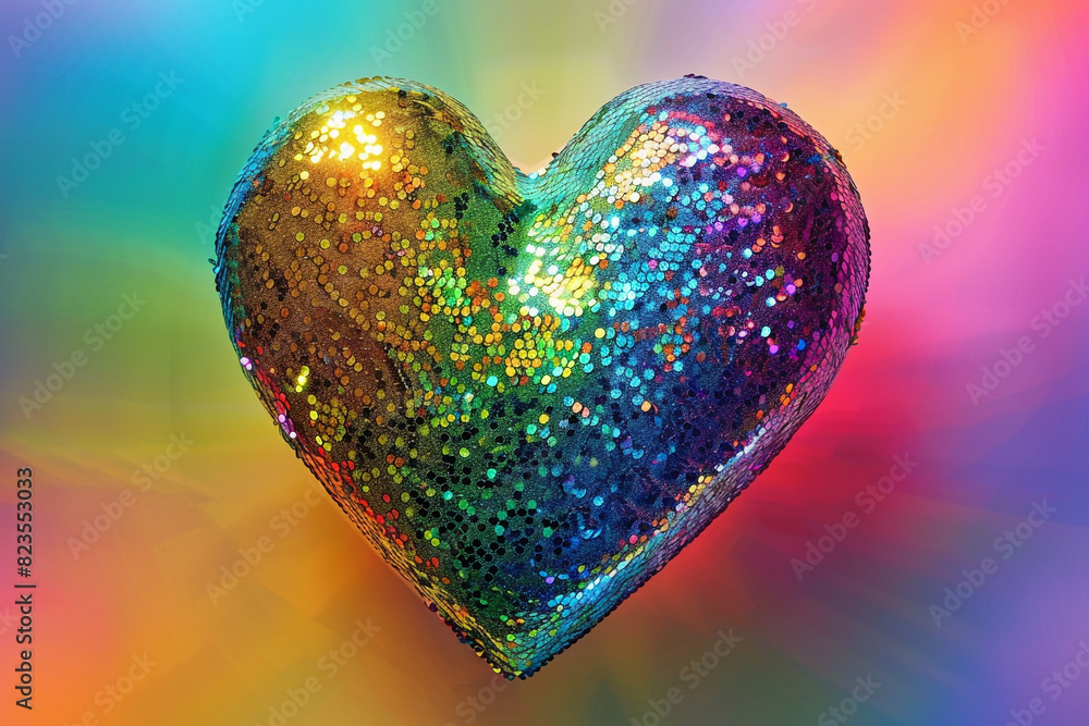 A heart symbol created from rainbow-colored sequins, shimmering under light, against a background that smoothly transitions through a rainbow gradient. A heart symbol created from rainbow-colored sequins, shimmering under light, against a background that smoothly transitions through a rainbow gradient.