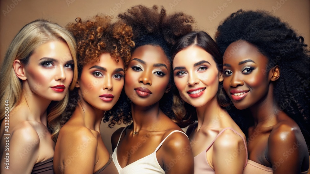 Obraz premium Face portrait, diversity and beauty of women in studio isolated on a brown background. Makeup cosmetics, skincare and group of female models with healthy or glowing skin after spa facial treatment.