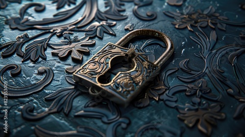 An intricately designed padlock on a richly textured, embossed background in dark blue and gold, symbolizing elegance and security.