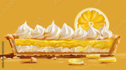 Delicious lemon meringue pie slice with a crispy crust topped with fluffy meringue and lemon slice, set against a vibrant yellow background. photo