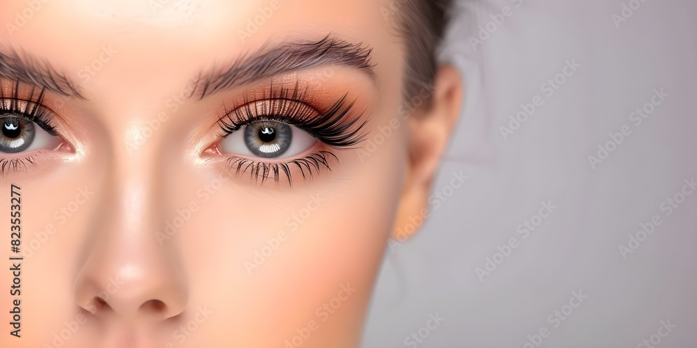 Closeup of woman with black long eyelashes ideal for beauty salon advertisement. Concept Beauty Salon Promotion, Eyelash Extensions, Close-up Photography, Woman Portraits, Glamorous Makeup Closeup of woman with black long eyelashes ideal for beauty salon advertisement. Concept Beauty Salon Promotion, Eyelash Extensions, Close-up Photography, Woman Portraits, Glamorous Makeup
