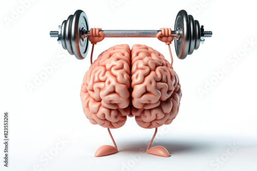 Human brain made lifting a heavy dumbbell Isolated on white background