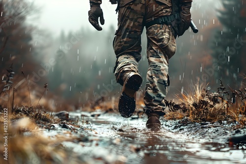 Resolute Soldier Navigating Rugged Terrain in Stormy Wilderness photo