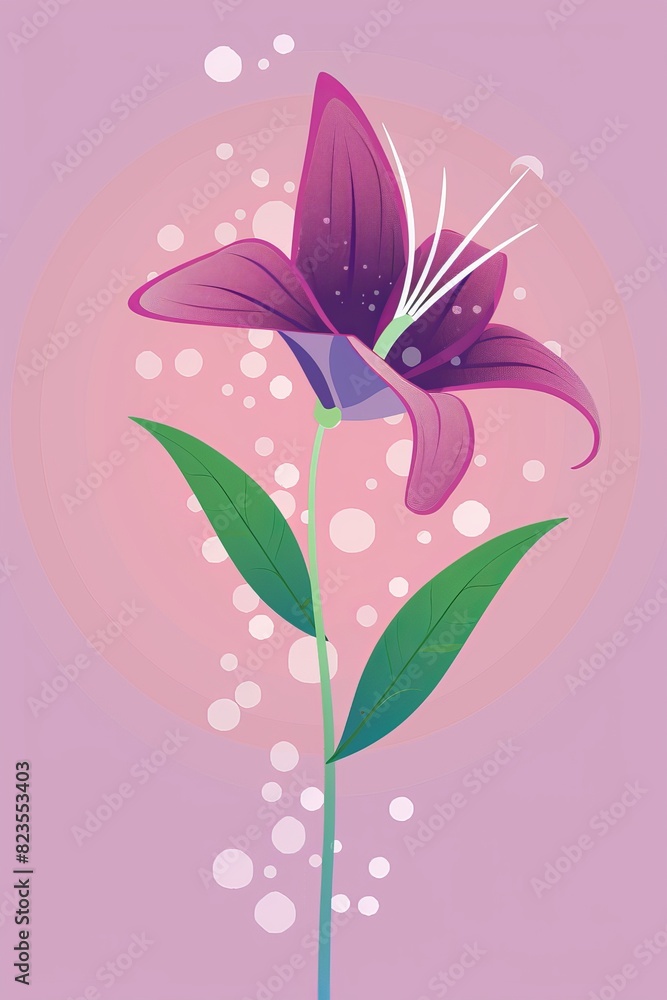 Purple Flower and Green Leaves on Pink Background Purple Flower and Green Leaves on Pink Background