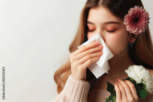 Allergy to flowers girl blows her nose into a napkin and holds flowers.