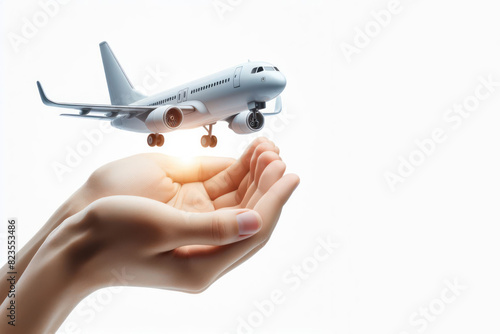 The hand holds the plane. Lowcost tickets concept Isolated on white background photo