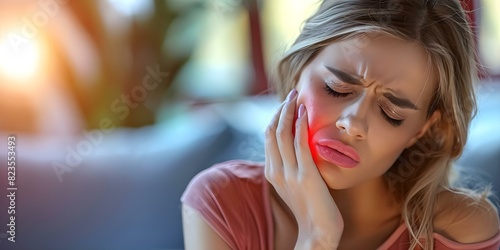 Woman with painful sore throat may have acid reflux or serious health condition. Concept Sore Throat, Acid Reflux, Health Condition, Medical Diagnosis, Women's Health photo
