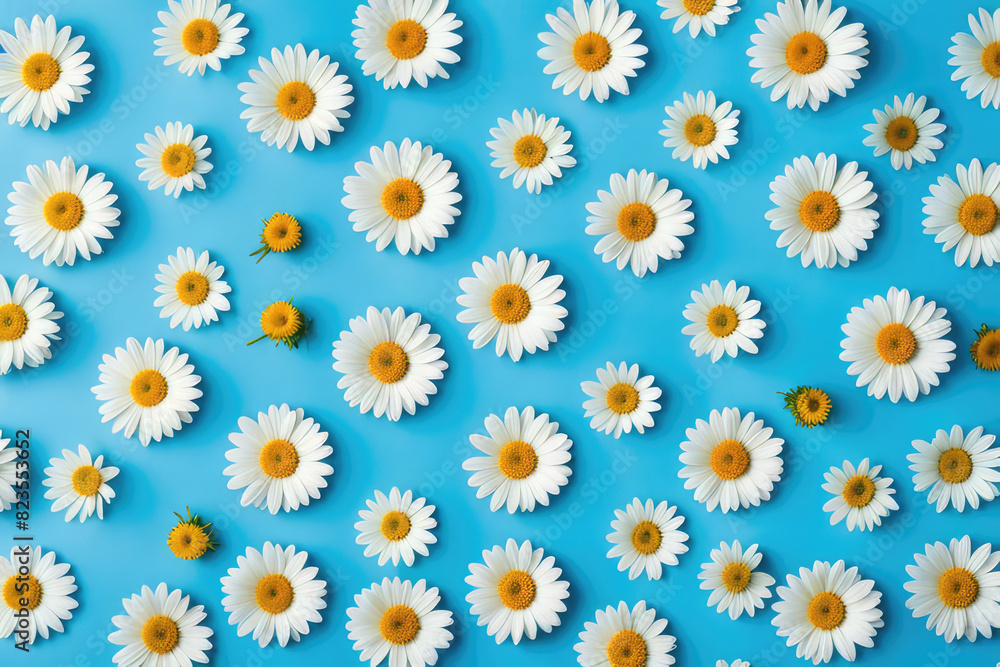 Daisy pattern. Flat lay spring and summer chamomile flowers on a blue background. Repetition concept. Top view Daisy pattern. Flat lay spring and summer chamomile flowers on a blue background. Repetition concept. Top view