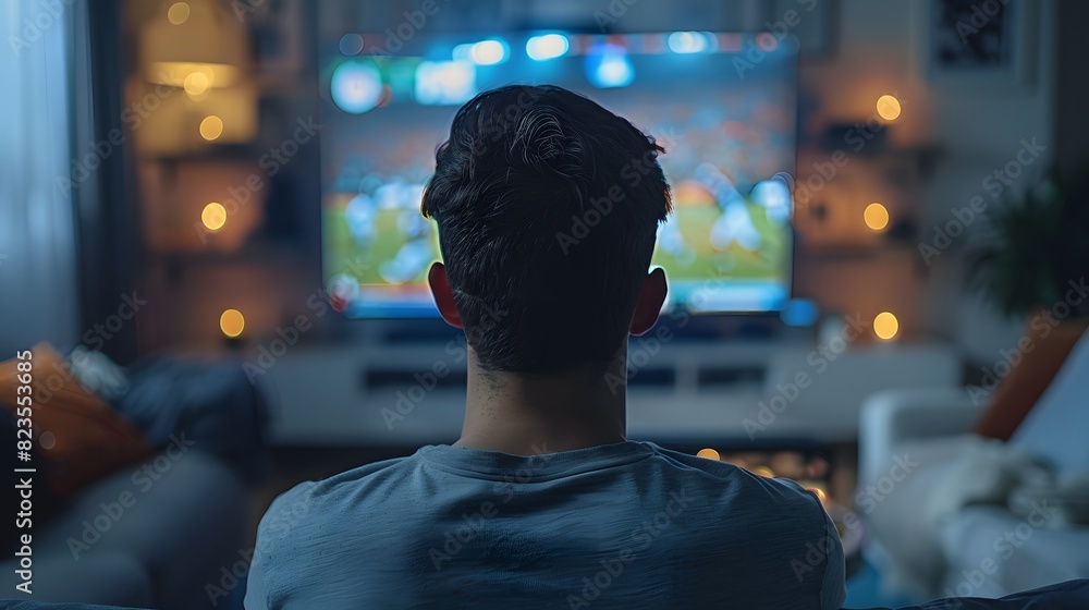 A man watching football on TV in his living room, seen from behind with the focus only on him and his back facing the viewer.
A man watching football on TV in his living room, seen from behind with the focus only on him and his back facing the viewer.