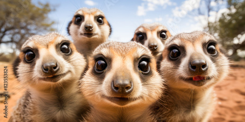 Group of Curious Meerkats. A close-up shot of a group of curious meerkats staring directly at the camera in a natural setting. photo