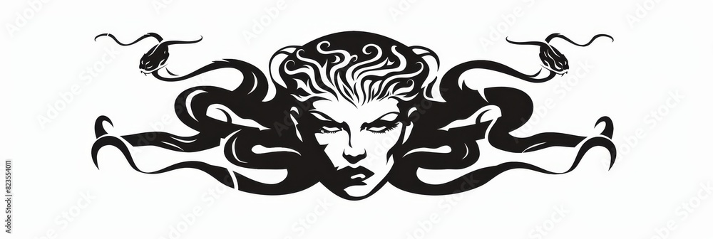 Ancient greek Gorgon Medusa, snake hair woman head logo symbol isolated on white background