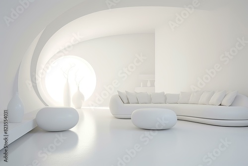 Spacious living room featuring sleek  white furniture and curved architecture bathed in natural light