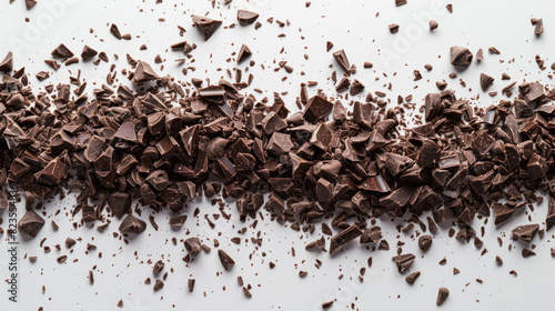 Dark Chocolate Chips In A Line On A White Background