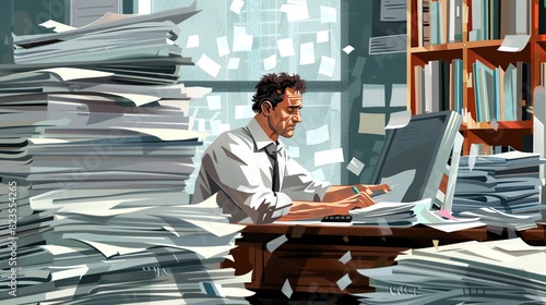 Homme au milieu de piles de papiers sur son bureau - illustration  photo