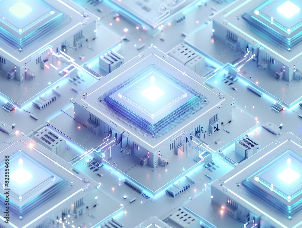 Product Shot of Four Chips Side by Side on a White Futuristic Dynamic Abstract Background with Blue and White Light Stripes Forming an X Shape, Digital Circuit Pattern for Data Transmission, Product Shot of Four Chips Side by Side on a White Futuristic Dynamic Abstract Background with Blue and White Light Stripes Forming an X Shape, Digital Circuit Pattern for Data Transmission,