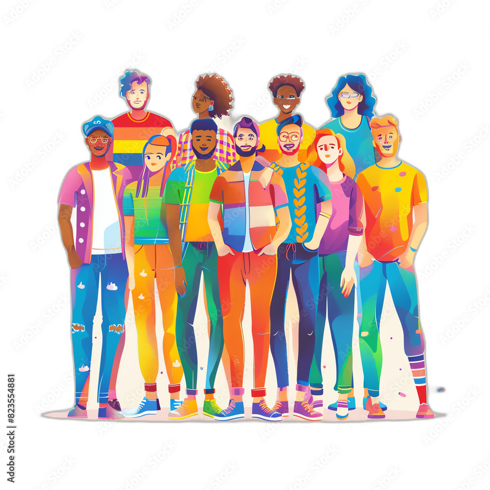 LGBTQ concept diverse group of people in rainbow colors, detailed and inclusive illustration on a white background