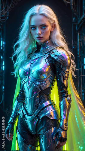 Portrait of a beautiful female paladin with stunning blue eyes and long white hair doing an heroic pose wearing her armor