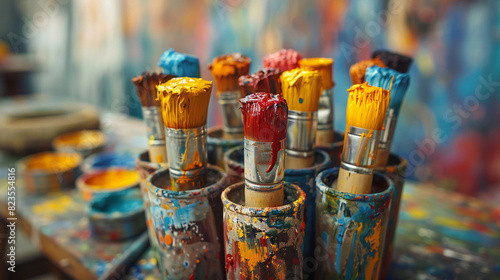 Colorful Paint Brushes - A photo showcasing colorful paint brushes  each brush dipped in different colors of paint  displaying the rich colors involved in the creative process.