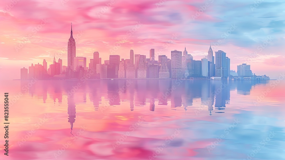 Dreamy cityscape silhouette with vibrant pink and blue sky reflection.