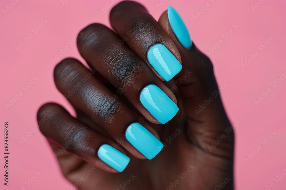 African American Hand Model With Long Nails Painted In A Light Blue Color Pink Background Nail Salon African American Hand Model With Long Nails Painted In A Light Blue Color Pink Background Nail Salon
