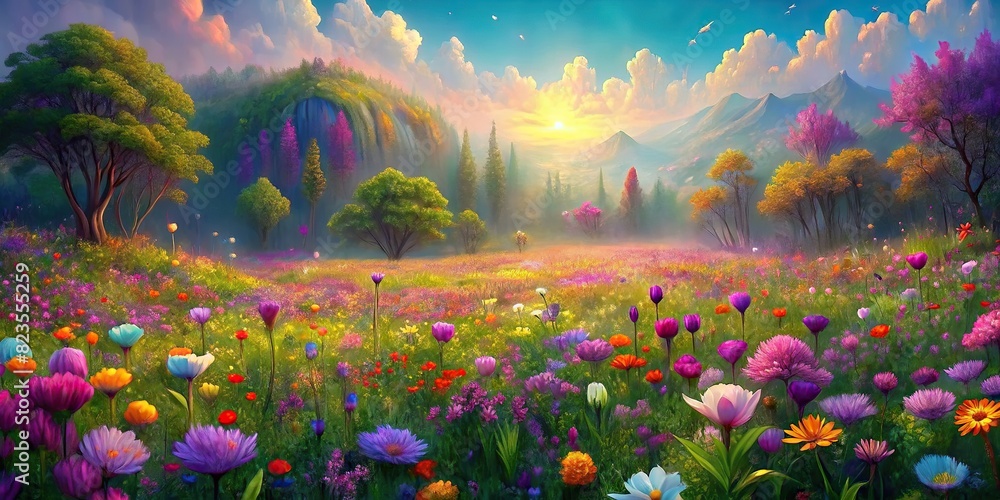 Vibrant meadow bursting with colorful spring flowers