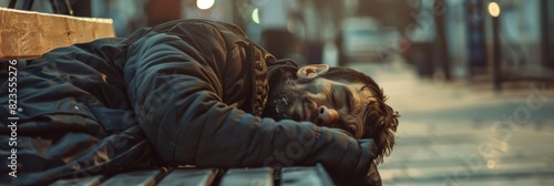 Poor tired depressed hungry homeless man or refugee sleeping on the wooden bench on the urban street in cold city, social documentary concept