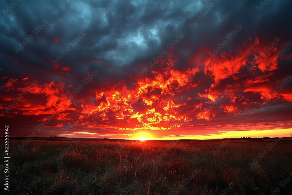 Majestic Red and Orange Sunset Over Grassy Field