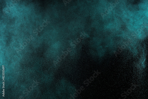 Grunge green texture. Aquamarine smoke cloud on black background. Light blue textured on dark sky. Space backdrop. Explosion overlay pattern.	