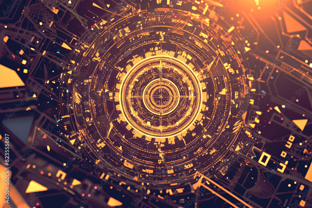 Fototapeta premium Abstract digital artwork with a central circular design radiating intricate patterns and glowing lights