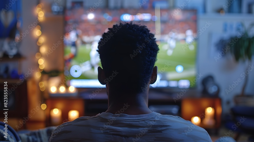 A man watching football on TV in his living room, seen from behind with the focus only on him and his back facing the viewer.
A man watching football on TV in his living room, seen from behind with the focus only on him and his back facing the viewer.