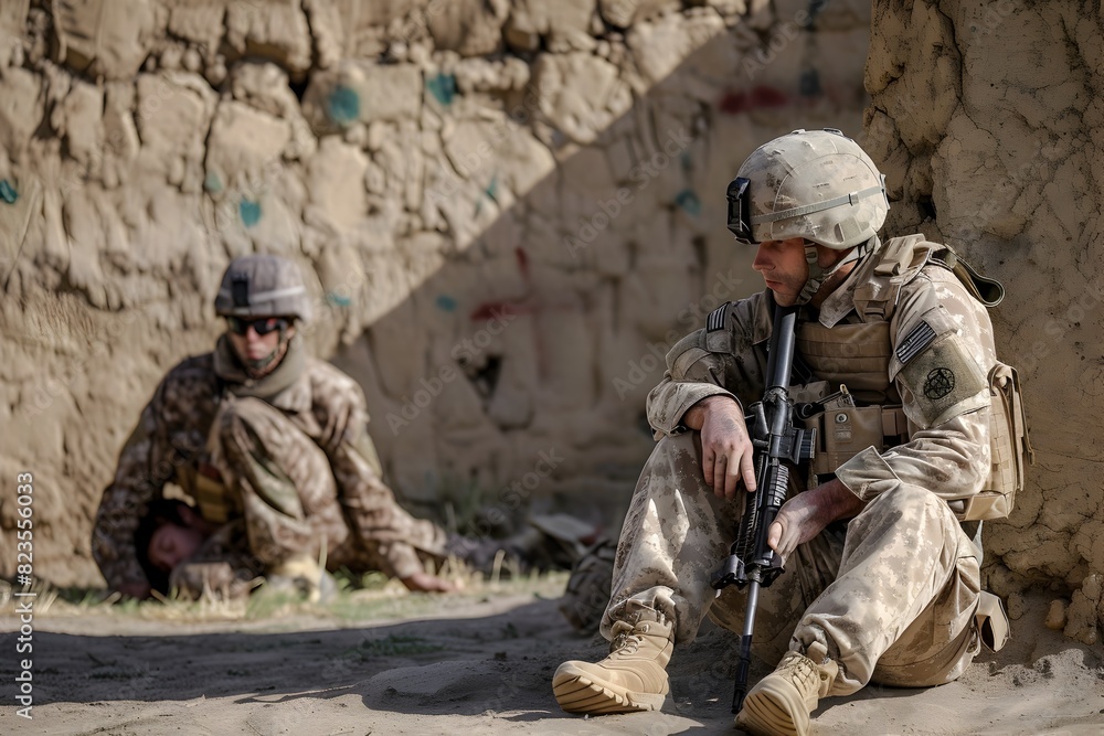 Soldier Maintains Tactical Vigilance During Dangerous Mission in Desert Terrain Soldier Maintains Tactical Vigilance During Dangerous Mission in Desert Terrain