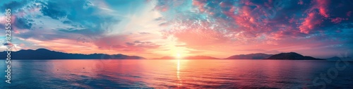 A panoramic view of a beautiful colorful sunset over a calm sea with mountains in the background
