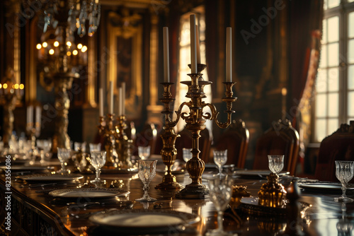 Luxury classic dining table room interior on castle or palace with candle  lamp  classic chair.