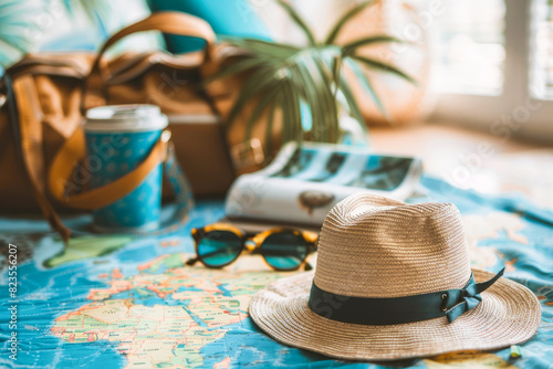 Tropical summer trip. Hat, sunglasses and map at a beach destination. Tourism, vacation, travel, relaxation.