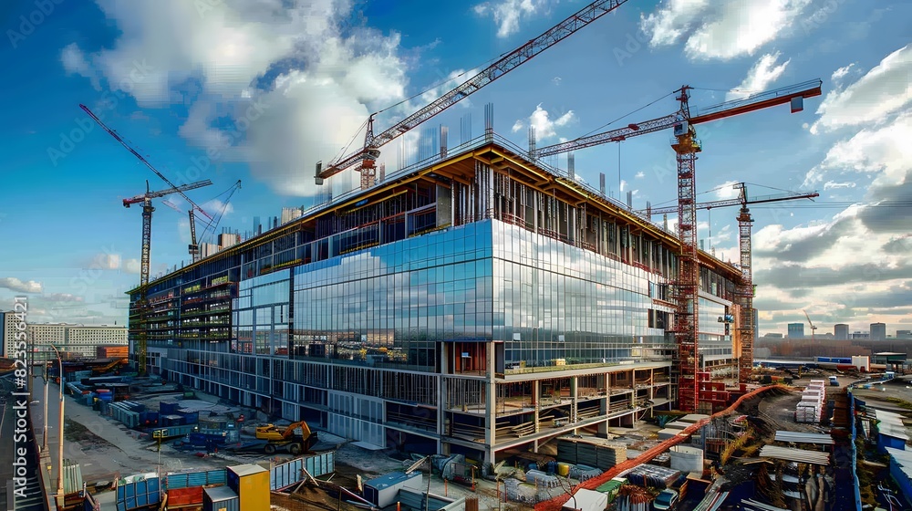 Fototapeta premium A modern building under construction, with cranes and scaffolding against the backdrop of an industrial landscape, symbolizing growth in commercial real estate. 