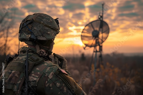 Resolute Soldier Overlooking Radar Technology at Dusk in Rugged Terrain
