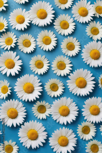 Daisy pattern. Flat lay spring and summer chamomile flowers on a blue background. Repetition concept. Top view