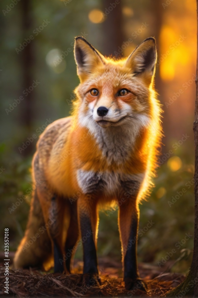 Fototapeta premium Red fox in Sunset forest, Professional wildlife photography