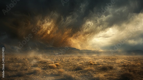 Generate a visual narrative of a desert storm brewing on the horizon photo